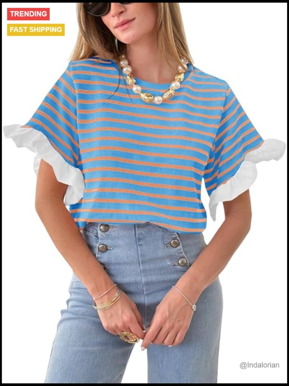 Striped Ruffle Sleeve T-Shirt, 95% Cotton 5% Elastane, Crewneck Casual Top